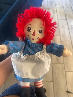 Classic Red-Haired Rag Doll in Blue Dress and White Apron